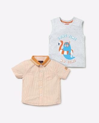 Striped Shirt with Graphic Print T-shirt