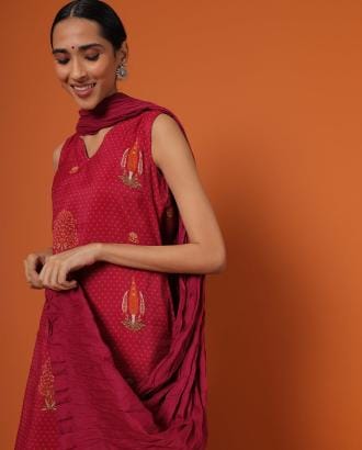 Women Parijata Art Silk Printed Straight Kurta with Dupatta